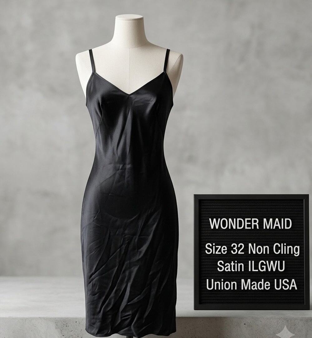 Vintage Wonder Maid Black Slip Dress 32 Non Cling Satin ILGWU Union Made USA